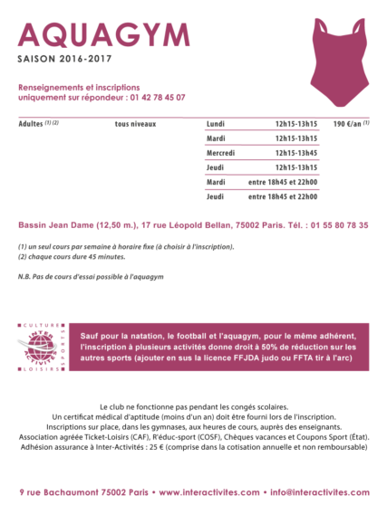 inter-activités paris centre sport : AQUAGYM Tracts rentrée 2015