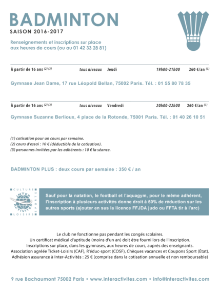 inter-activités paris centre sport : BADMINTON Tracts rentrée 2015