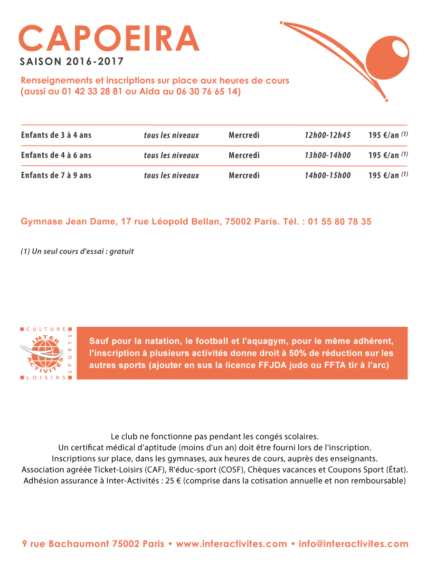 inter-activités paris centre sport : CAPOEIRA Tracts rentrée 2015