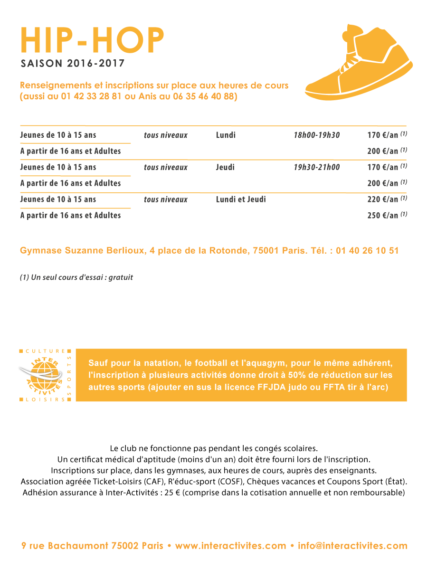 inter-activités paris centre sport : HIP-HOP Tracts rentrée 2015