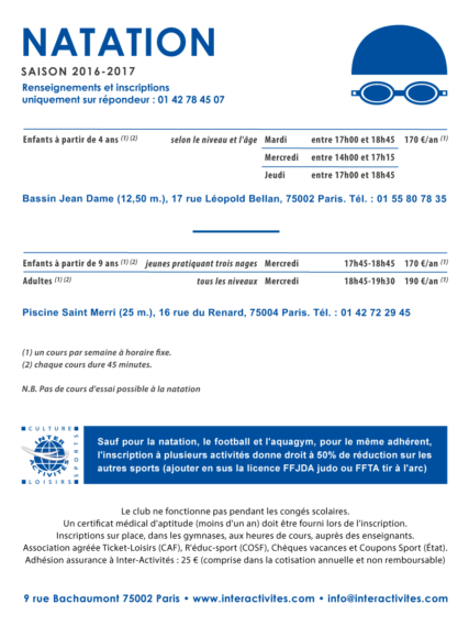 inter-activités paris centre sport : NATATION Tracts rentrée 2015