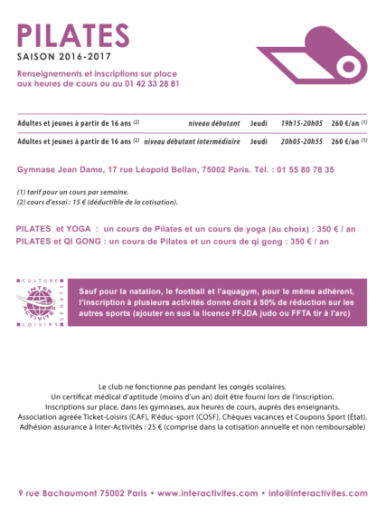 inter-activités paris centre sport : PILATES Tracts rentrée 2015