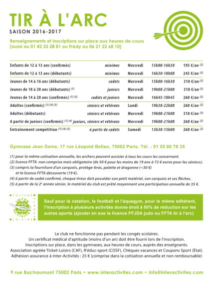 inter-activités paris centre sport : TIR A LARC Tracts rentrée 2015