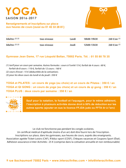 inter-activités paris centre sport : YOGA Tracts rentrée 2015